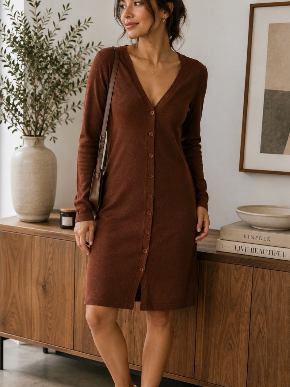 Zara Chocolate Brown Ribbed Long Dress Size L